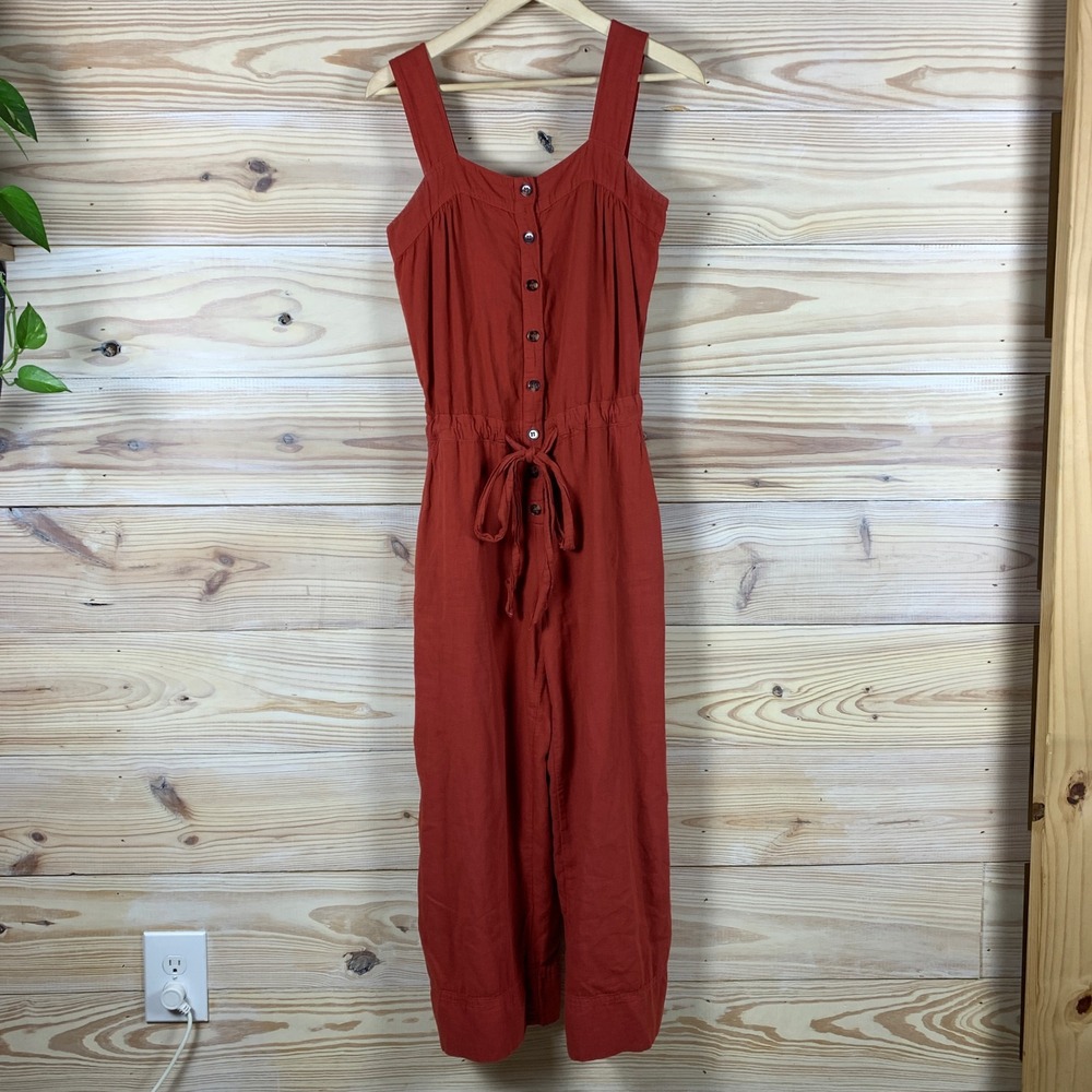 Sundry Jumpsuit Women 1 Rust Orange Piped Button Front Cropped Wide Leg Retro